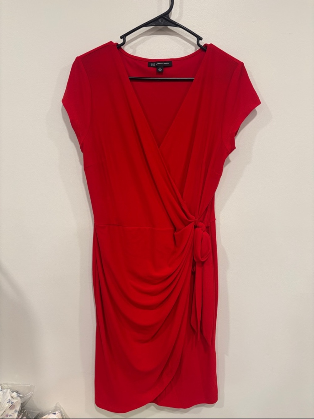 INC International Concepts Red V-Neck Wrap Midi Sheath Dress with Side Knot